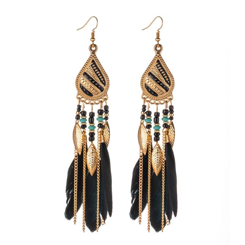 Handmade Modern Elegant Golden Silver Color Ethnic Acrylic Luxury Rainbow Beads Feather Drop Earrings for Women Boho Jewlery