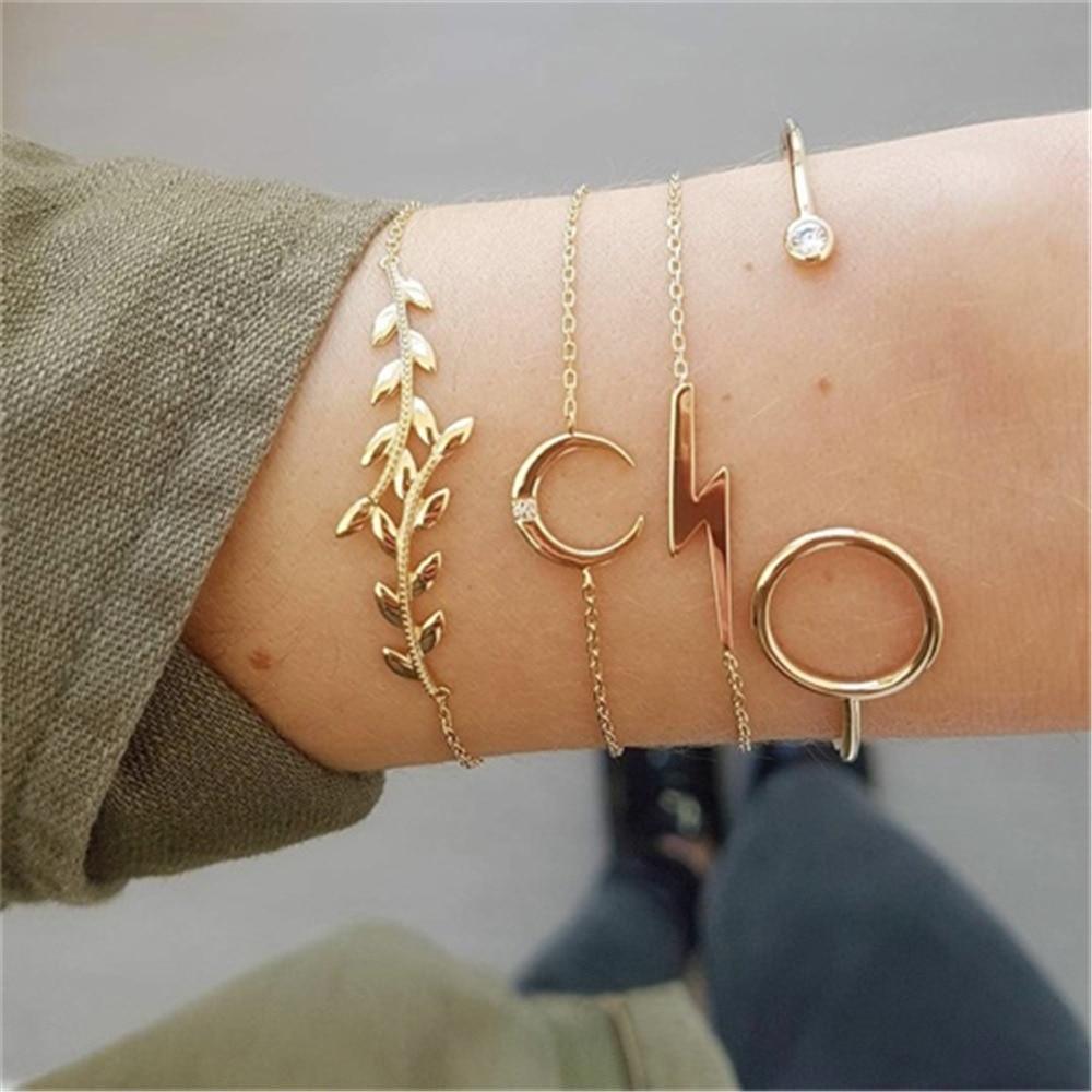 Fashion Bohemia Leaf Round Knot Cuff Bangle Gold Chain Charm Bracelet  for Women Simple Geometric Bracelets Luxury Jewelry