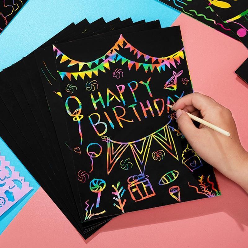 Magic Rainbow Color Scratch Art Paper Card Set With Graffiti Stencil Drawing Board Stick Art Painting Educational Toys