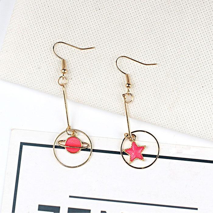 New Modern Fashion Blue Space Universe Elegant Moon Star Luxury Earrings For Women Perfect Gold Color Universe Planet Circle Asymmetry Trendy Long Earrings