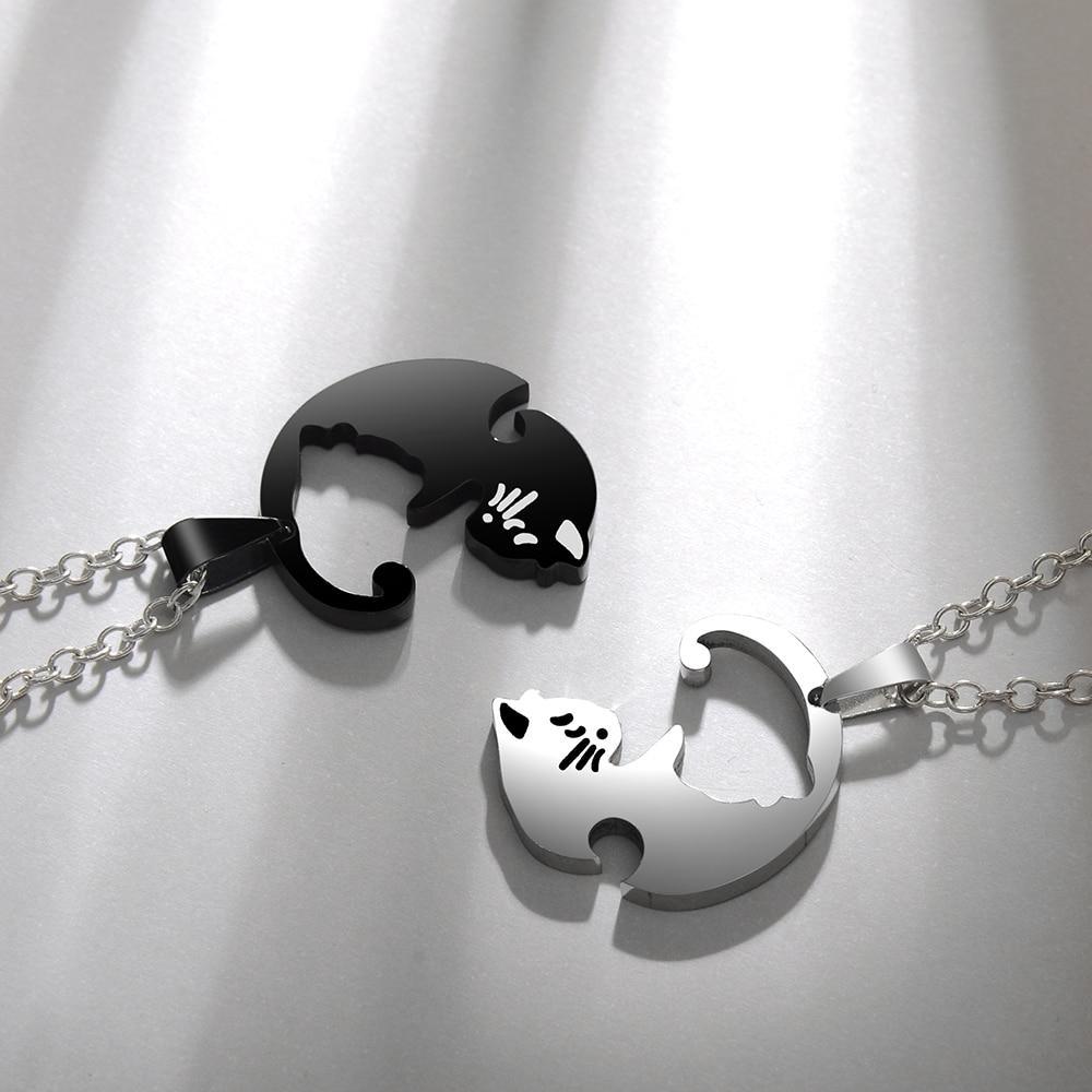 Cool Couple Heart Necklace Elegant Cute Cartoon Cat Pendant Necklace Luxury Simple Personality Color Black Animal Necklace Jewelry Gift For Girl And Boys