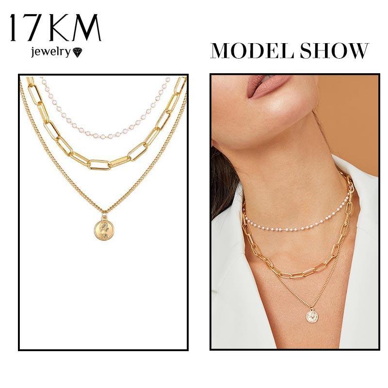 Bohemian Gold Necklaces For Women Multilayer Fashion Pearl Pendants Necklace Portrait Chokers Trendy New Jewelry Gift