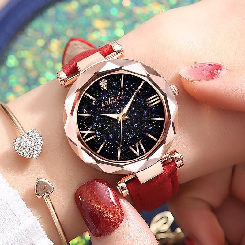 Women Casual Leather Ladies Watch Quartz Wrist Watch Starry Sky Female Clock For Women and Lady and Girls