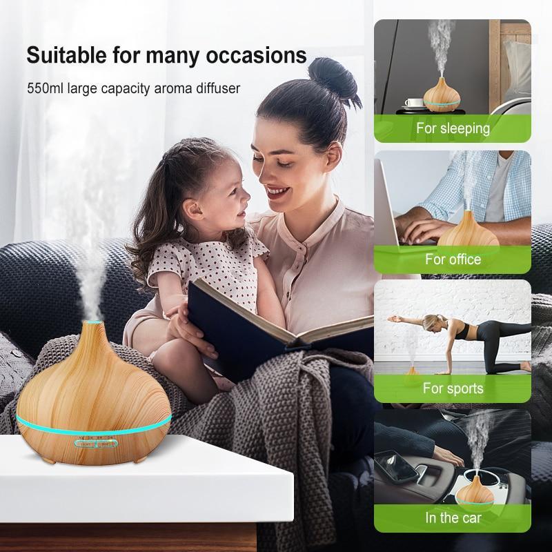 New 550ml Wood Essential Oil Diffuser Ultrasonic USB Air Humidifier with 7 Color LED Lights Remote Control Office Home Diffuser for Office, Home, Bedroom, Living Room, Study, Yoga, Spa; White Wood Grain with Multiple Lighting Options