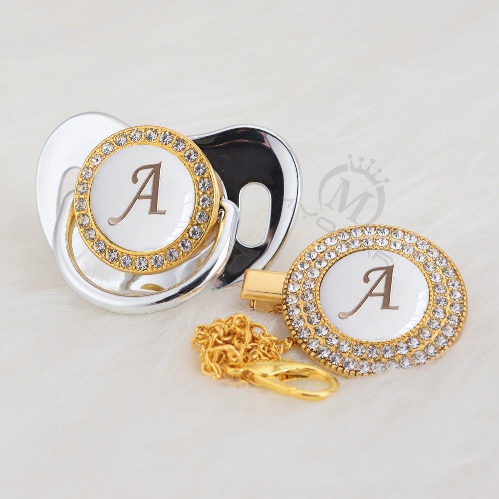 Luxury Modern Diamond Pacifier and Chain Gold Set With Initials Letter White Elegant A Beautiful Pacifier and Pacifier lip