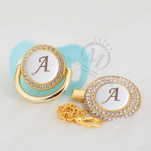 Luxury Modern Diamond Pacifier and Chain Gold Set With Initials Letter White Elegant A Beautiful Pacifier and Pacifier lip