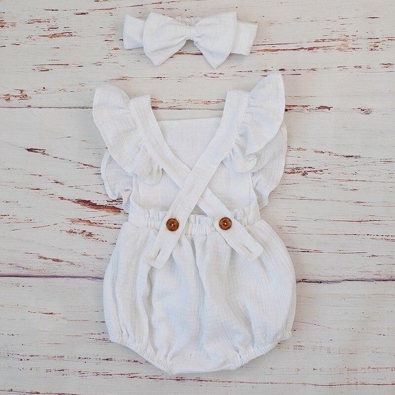 Cotton Baby Girl Double Ruffle Romper Jumpsuit with Headband  Playsuit For Newborn With Bow