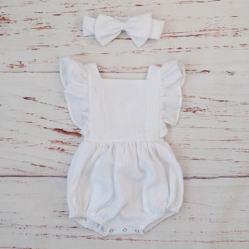 Cotton Baby Girl Double Ruffle Romper Jumpsuit with Headband  Playsuit For Newborn With Bow