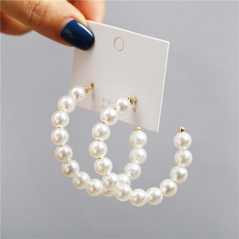 Elegant Plain Gold Metal Pearl Hoop Earrings In Fashion Big Circle Style For Women