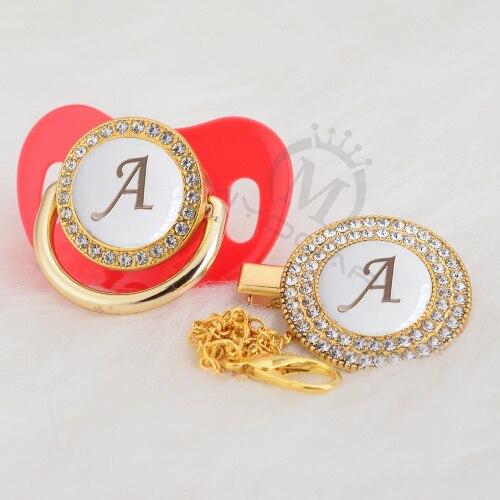 Luxury Modern Diamond Pacifier and Chain Gold Set With Initials Letter White Elegant A Beautiful Pacifier and Pacifier lip