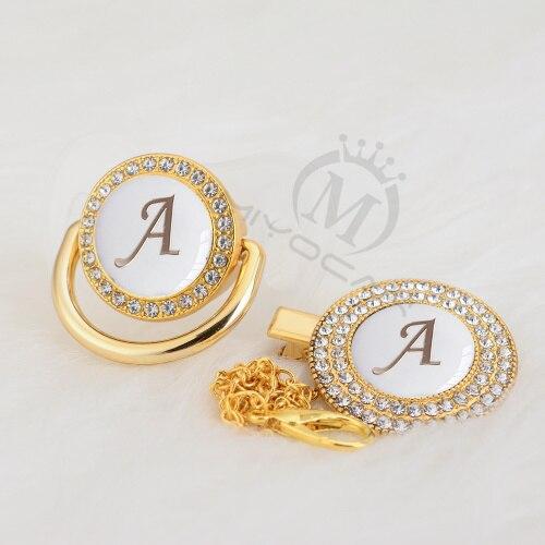 Luxury Modern Diamond Pacifier and Chain Gold Set With Initials Letter White Elegant A Beautiful Pacifier and Pacifier lip