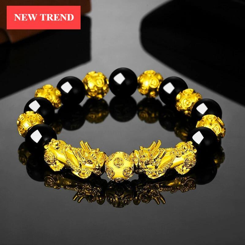 Luxury Black Obsidian Stone Beads Bracelet Gold Color Buddha Good Luck Wealth Bracelets for Women and Men