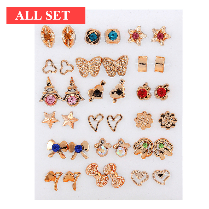 36Pairs/18pairs Earrings Mixed Styles Rhinestone Sun Flower Geometric Animal Plastic Stud Luxury Earrings for Woman and Kids