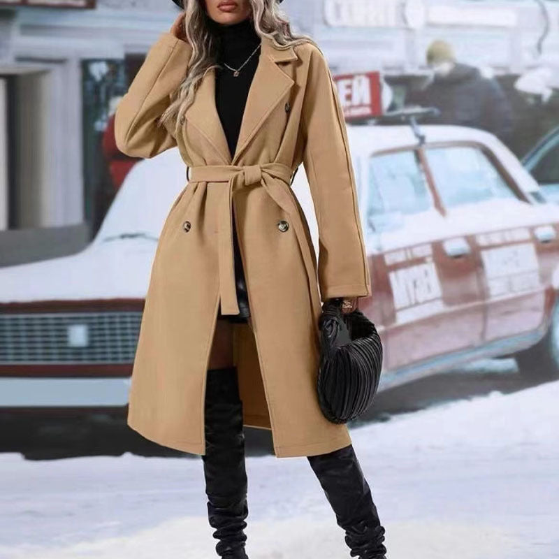 Womens Winter Coat Trend Lapel Double-breasted Trench Coat With Belt Winter Fashion Solid Color Long Jacket Outwear Women Clothing Notched Lapel Collar Double Breasted Pea Coat Winter Wool Blend Over Coats Long Jackets