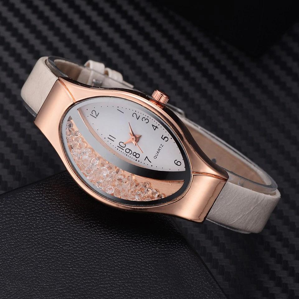 Women Fashion Luxury Watch Leather Strap Women Bracelet Clock Ellipse Rhinestone PU Sport Quartz Watch Wrist Watches For Women and Girls