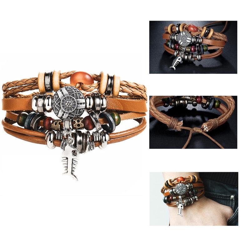 BOHO Tibet Stone Feather Multilayer Leather Bracelet Eye Fish Charms Beads Bracelets For Men Vintage Punk Wrap Wristband Cool Jewelry