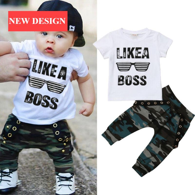 Hip Hop Short Sleeve Summer Toddler Infant Like A Boss Letter Tops T-Shirt and Pants Set For Baby Boy Kids In Military Style