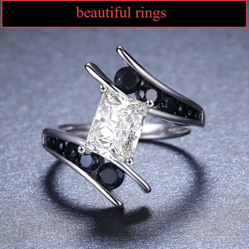 Fine Jewelry 100% Genuine 925 Sterling Silver Elegant Row Black Stone For Engagement Luxury Rings For Women