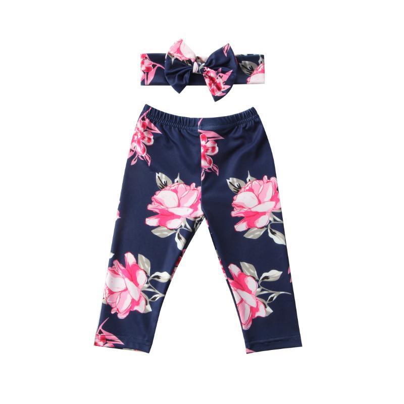 Luxury Modern Girls Summer Floral Baby Girls Pant with Headband Newborn Kid Girls Floral Bottoms Long Pants Trousers  In Flower Design  For Girls With Bow