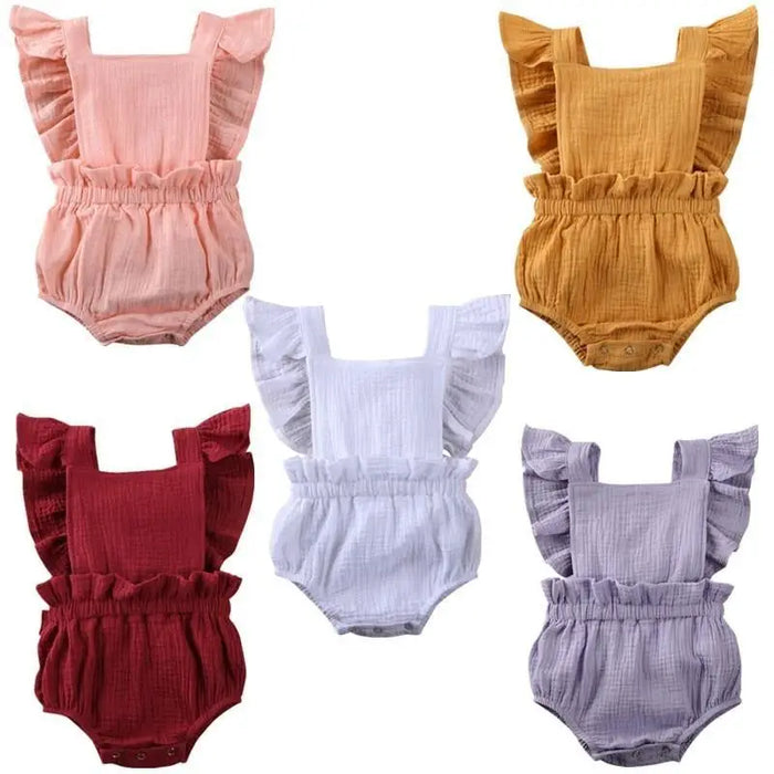 Baby Girl Ruffled Solid Color Sleeveless Backless Romper Jumpsuit Comfy Outfit Excellent Gift For Your Baby Girl - STEVVEX Baby - baby, baby birthday gifts, baby clothing, baby gifts, baby items, baby jumpsuits, baby rompers, baby styles, baby summer clothing, baby summer rompers, new parents gifts - Stevvex.com