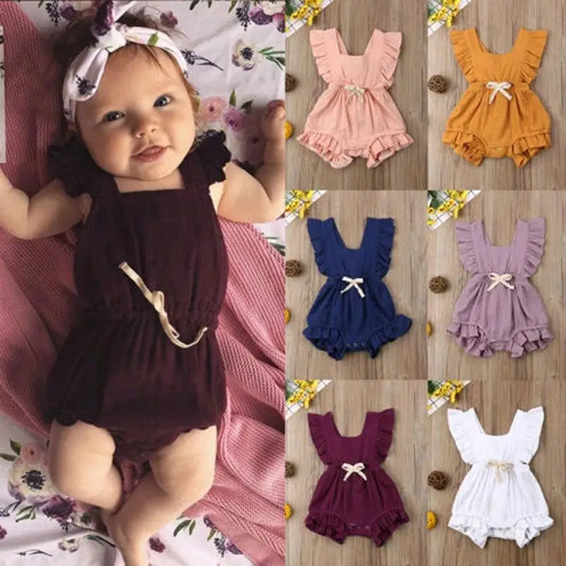 Baby Girl Ruffled Solid Color Sleeveless Backless Romper Jumpsuit Comfy Outfit Excellent Gift For Your Baby Girl - STEVVEX Baby - baby, baby birthday gifts, baby clothing, baby gifts, baby items, baby jumpsuits, baby rompers, baby styles, baby summer clothing, baby summer rompers, new parents gifts - Stevvex.com