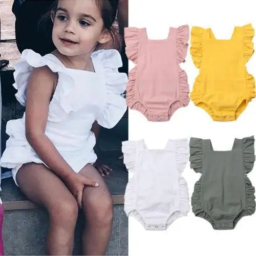 Baby Girl Ruffled Solid Color Sleeveless Backless Romper Jumpsuit Comfy Outfit Excellent Gift For Your Baby Girl - STEVVEX Baby - baby, baby birthday gifts, baby clothing, baby gifts, baby items, baby jumpsuits, baby rompers, baby styles, baby summer clothing, baby summer rompers, new parents gifts - Stevvex.com