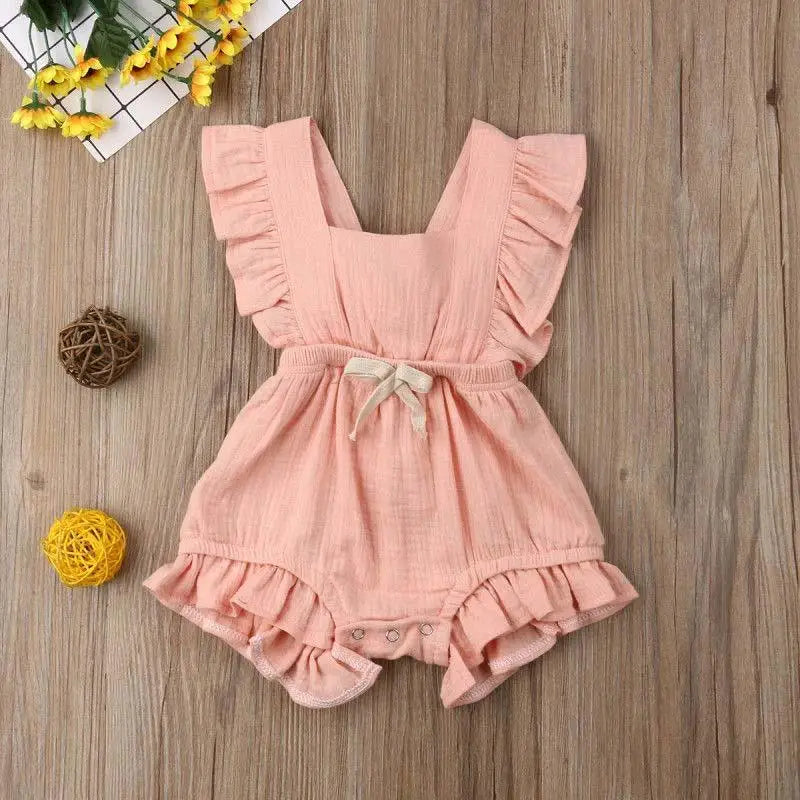 Baby Girl Ruffled Solid Color Sleeveless Backless Romper Jumpsuit Comfy Outfit Excellent Gift For Your Baby Girl - STEVVEX Baby - baby, baby birthday gifts, baby clothing, baby gifts, baby items, baby jumpsuits, baby rompers, baby styles, baby summer clothing, baby summer rompers, new parents gifts - Stevvex.com