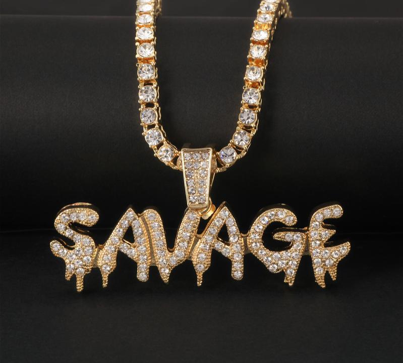 New Modern Trendy Savage Letter Elegant Necklace And Luxury Pendant Shiny Ice Out Link Chain Amazing Necklace With Tennis Chain Choker Hip Hop Jewelry For Men And Women