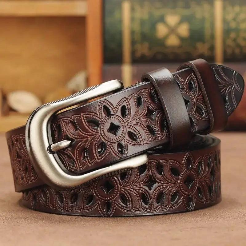 Beautiful Vintage White Genuine Leather Belts With Pin Buckle Strap Floral Design Classic Ladies Waistbands - Brown