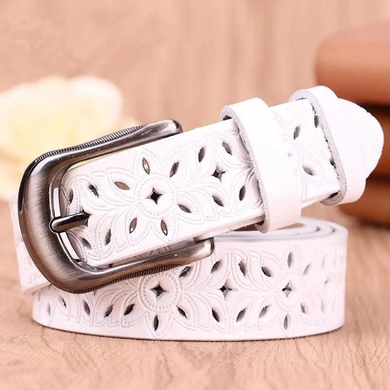 Beautiful Vintage White Genuine Leather Belts With Pin Buckle Strap Floral Design Classic Ladies Waistbands - White