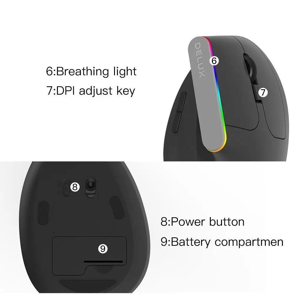 Black Wireless Ergonomic Mouse Vertical 1600 DPI Button Gaming Mouse RGB Optical USB Mice For PC And Laptop 2.4Ghz