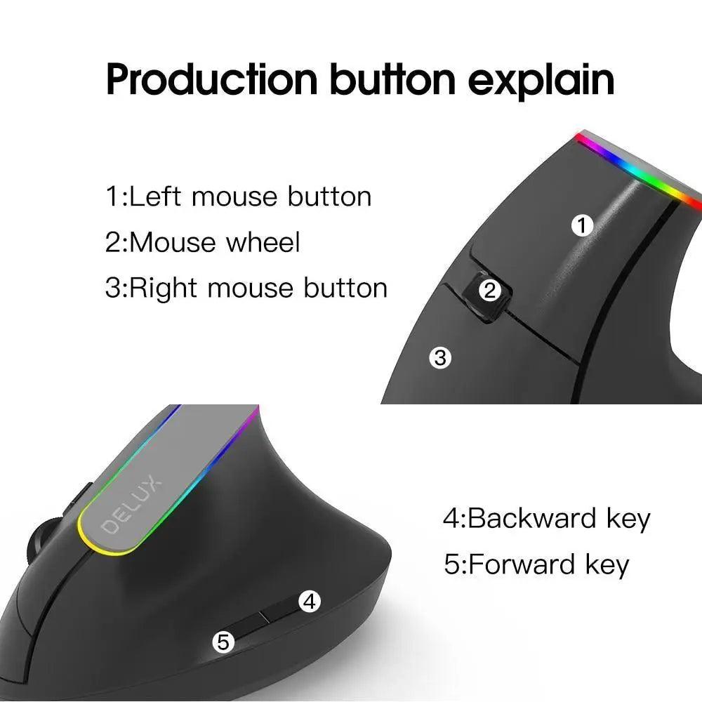 Black Wireless Ergonomic Mouse Vertical 1600 DPI Button Gaming Mouse RGB Optical USB Mice For PC And Laptop 2.4Ghz