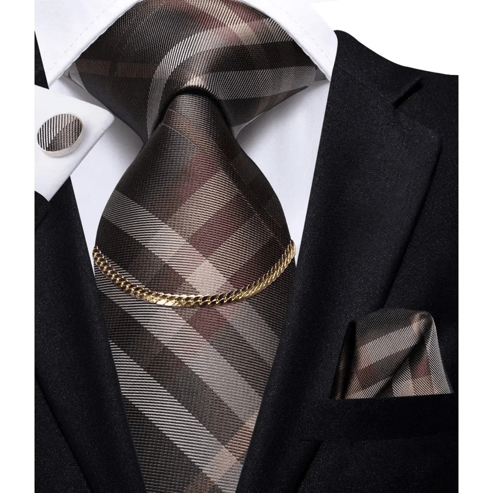 Business Black Silk Necktie Chain Classic Tie Square Handkerchief Elegant Cufflink Wedding Formal Neckties For Men - 18