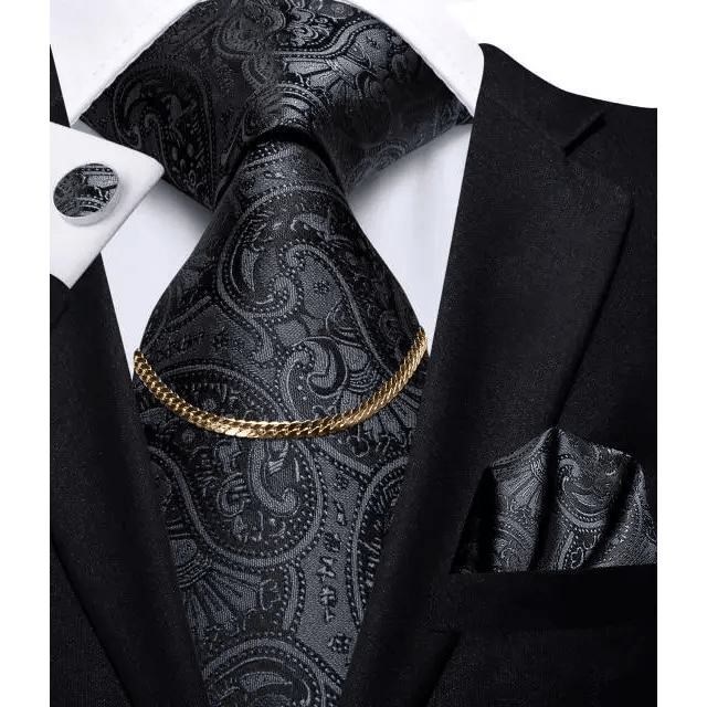 Business Black Silk Necktie Chain Classic Tie Square Handkerchief Elegant Cufflink Wedding Formal Neckties For Men - 4