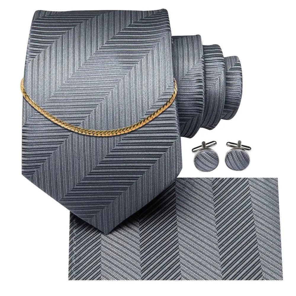 Business Black Silk Necktie Chain Classic Tie Square Handkerchief Elegant Cufflink Wedding Formal Neckties For Men