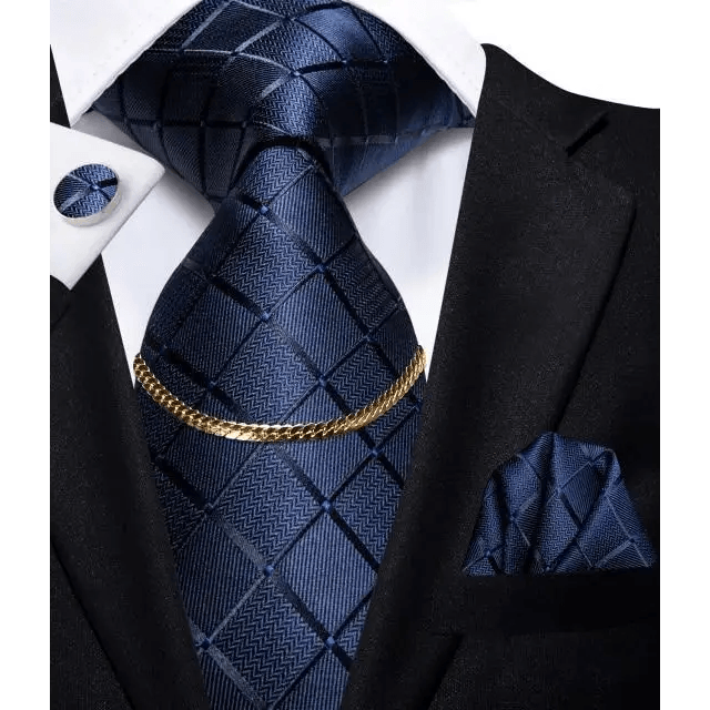 Business Black Silk Necktie Chain Classic Tie Square Handkerchief Elegant Cufflink Wedding Formal Neckties For Men - 17