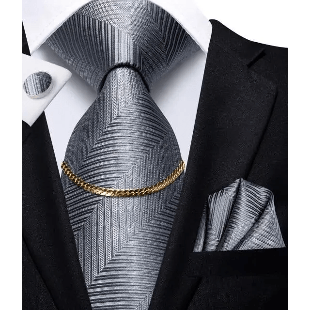 Business Black Silk Necktie Chain Classic Tie Square Handkerchief Elegant Cufflink Wedding Formal Neckties For Men - 7