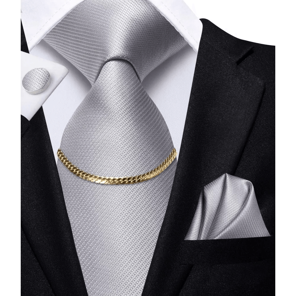 Business Black Silk Necktie Chain Classic Tie Square Handkerchief Elegant Cufflink Wedding Formal Neckties For Men - 15