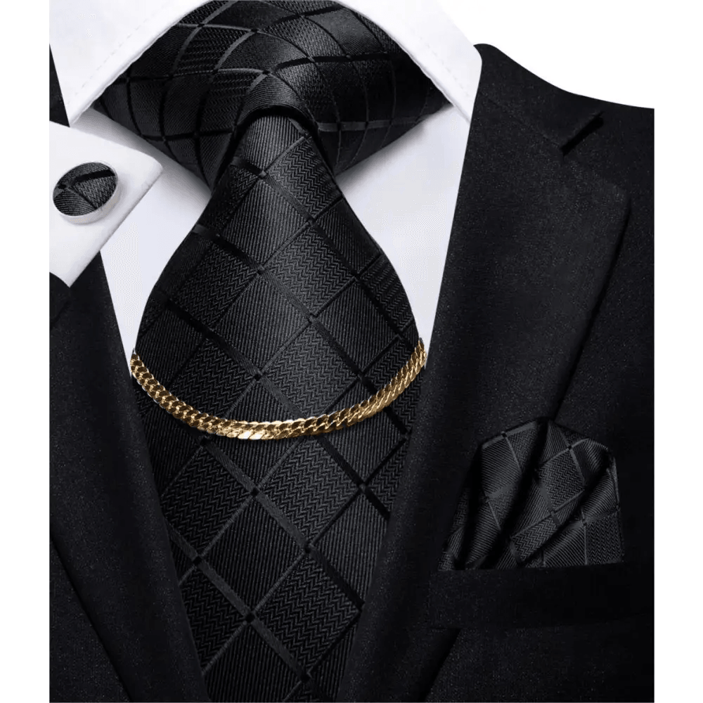 Business Black Silk Necktie Chain Classic Tie Square Handkerchief Elegant Cufflink Wedding Formal Neckties For Men - 1