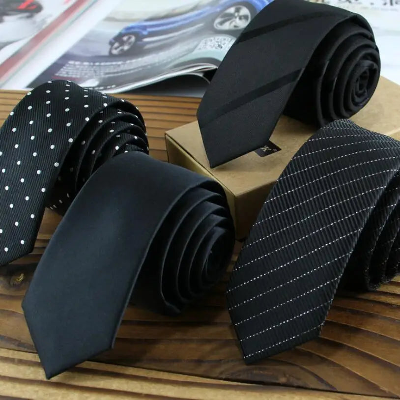 Business Black Skinny Ties Polyester Silk Necktie For Men Washable Formal Office Simple Design Necties Solid Color