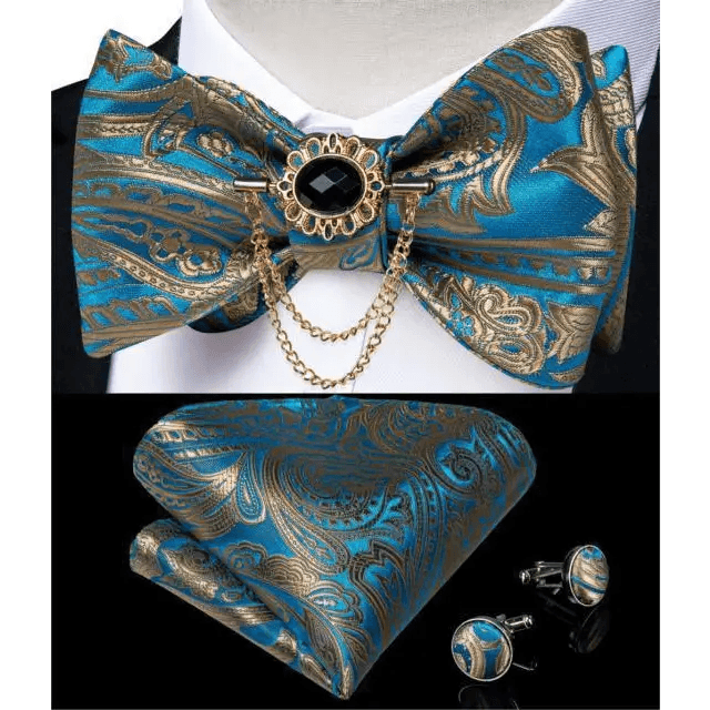 Business Elegant Gold Black Pattern Elegant Wedding Silk Bowtie Men Butterfly Fashion Bow Ties Pocket Square Classic Business Tuxedo Wedding Bowties Handkerchief Set - STEVVEX Fashion - 712, bowtie, bowtie for men, bowties, bridegroom bowtie, business bowtie, charming bowtie, classic bowtie, elegant bowtie, fashion bowtie, fashionable bowtie, luxury bowtie, mens bowtie, new design bowtie, party bowtie, retro bowtie, silk bowtie, stylish bowtie, vintage bowtie, wedding bowtie - Stevvex.com