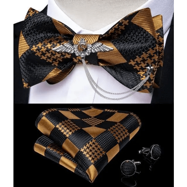 Business Elegant Gold Black Pattern Elegant Wedding Silk Bowtie Men Butterfly Fashion Bow Ties Pocket Square Classic Business Tuxedo Wedding Bowties Handkerchief Set - STEVVEX Fashion - 712, bowtie, bowtie for men, bowties, bridegroom bowtie, business bowtie, charming bowtie, classic bowtie, elegant bowtie, fashion bowtie, fashionable bowtie, luxury bowtie, mens bowtie, new design bowtie, party bowtie, retro bowtie, silk bowtie, stylish bowtie, vintage bowtie, wedding bowtie - Stevvex.com