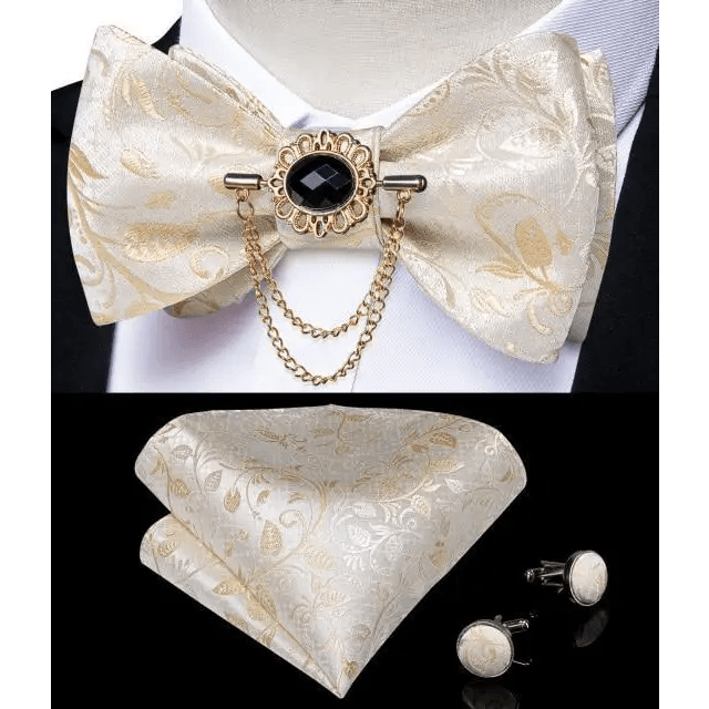 Business Elegant Gold Black Pattern Elegant Wedding Silk Bowtie Men Butterfly Fashion Bow Ties Pocket Square Classic Business Tuxedo Wedding Bowties Handkerchief Set - STEVVEX Fashion - 712, bowtie, bowtie for men, bowties, bridegroom bowtie, business bowtie, charming bowtie, classic bowtie, elegant bowtie, fashion bowtie, fashionable bowtie, luxury bowtie, mens bowtie, new design bowtie, party bowtie, retro bowtie, silk bowtie, stylish bowtie, vintage bowtie, wedding bowtie - Stevvex.com