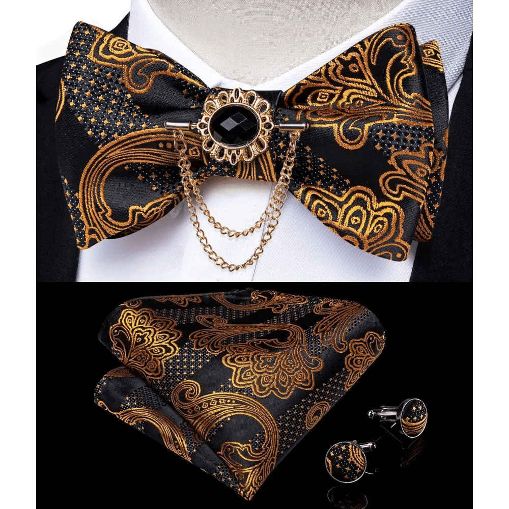 Business Elegant Gold Black Pattern Elegant Wedding Silk Bowtie Men Butterfly Fashion Bow Ties Pocket Square Classic Business Tuxedo Wedding Bowties Handkerchief Set - STEVVEX Fashion - 712, bowtie, bowtie for men, bowties, bridegroom bowtie, business bowtie, charming bowtie, classic bowtie, elegant bowtie, fashion bowtie, fashionable bowtie, luxury bowtie, mens bowtie, new design bowtie, party bowtie, retro bowtie, silk bowtie, stylish bowtie, vintage bowtie, wedding bowtie - Stevvex.com