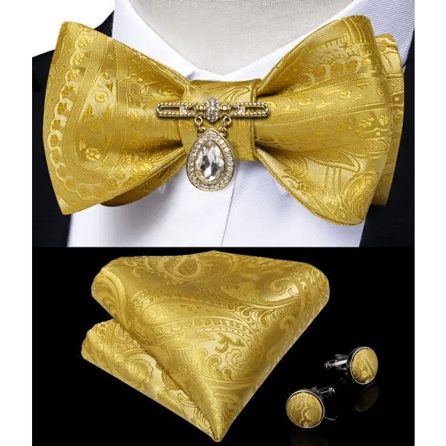 Business Elegant Gold Black Pattern Elegant Wedding Silk Bowtie Men Butterfly Fashion Bow Ties Pocket Square Classic Business Tuxedo Wedding Bowties Handkerchief Set - STEVVEX Fashion - 712, bowtie, bowtie for men, bowties, bridegroom bowtie, business bowtie, charming bowtie, classic bowtie, elegant bowtie, fashion bowtie, fashionable bowtie, luxury bowtie, mens bowtie, new design bowtie, party bowtie, retro bowtie, silk bowtie, stylish bowtie, vintage bowtie, wedding bowtie - Stevvex.com