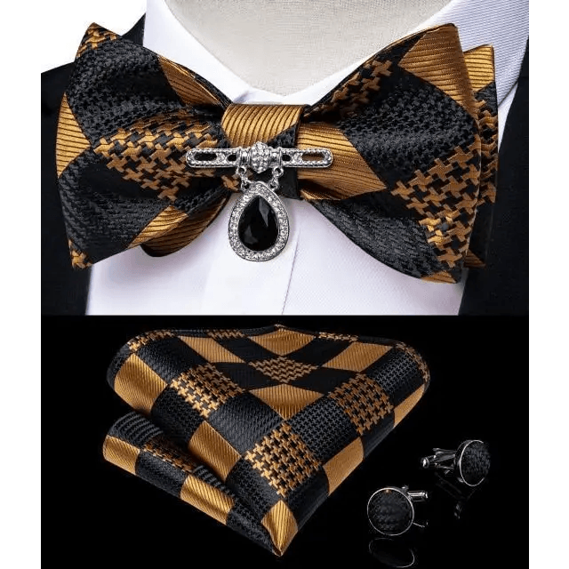 Business Elegant Gold Black Pattern Elegant Wedding Silk Bowtie Men Butterfly Fashion Bow Ties Pocket Square Classic Business Tuxedo Wedding Bowties Handkerchief Set - STEVVEX Fashion - 712, bowtie, bowtie for men, bowties, bridegroom bowtie, business bowtie, charming bowtie, classic bowtie, elegant bowtie, fashion bowtie, fashionable bowtie, luxury bowtie, mens bowtie, new design bowtie, party bowtie, retro bowtie, silk bowtie, stylish bowtie, vintage bowtie, wedding bowtie - Stevvex.com