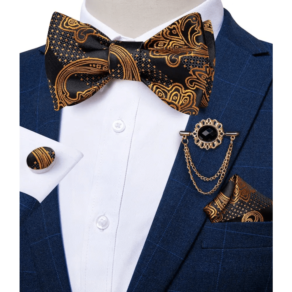 Business Elegant Gold Black Pattern Elegant Wedding Silk Bowtie Men Butterfly Fashion Bow Ties Pocket Square Classic Business Tuxedo Wedding Bowties Handkerchief Set - STEVVEX Fashion - 712, bowtie, bowtie for men, bowties, bridegroom bowtie, business bowtie, charming bowtie, classic bowtie, elegant bowtie, fashion bowtie, fashionable bowtie, luxury bowtie, mens bowtie, new design bowtie, party bowtie, retro bowtie, silk bowtie, stylish bowtie, vintage bowtie, wedding bowtie - Stevvex.com