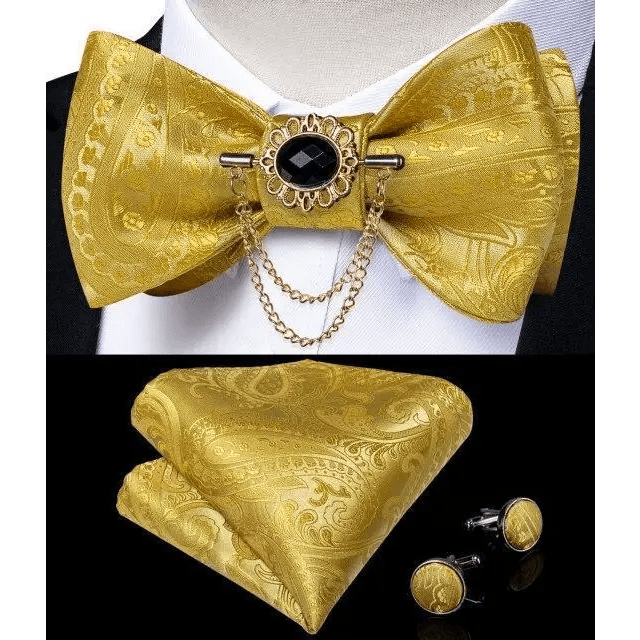 Business Elegant Gold Black Pattern Elegant Wedding Silk Bowtie Men Butterfly Fashion Bow Ties Pocket Square Classic Business Tuxedo Wedding Bowties Handkerchief Set - STEVVEX Fashion - 712, bowtie, bowtie for men, bowties, bridegroom bowtie, business bowtie, charming bowtie, classic bowtie, elegant bowtie, fashion bowtie, fashionable bowtie, luxury bowtie, mens bowtie, new design bowtie, party bowtie, retro bowtie, silk bowtie, stylish bowtie, vintage bowtie, wedding bowtie - Stevvex.com