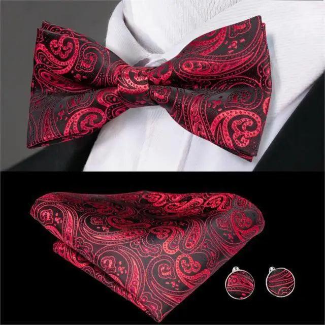 Business Red Color Butterfly Bow Tie Pocket Square Cufflinks Suit Set For Men Adjustable Self Bowtie Formal Bowtie Set