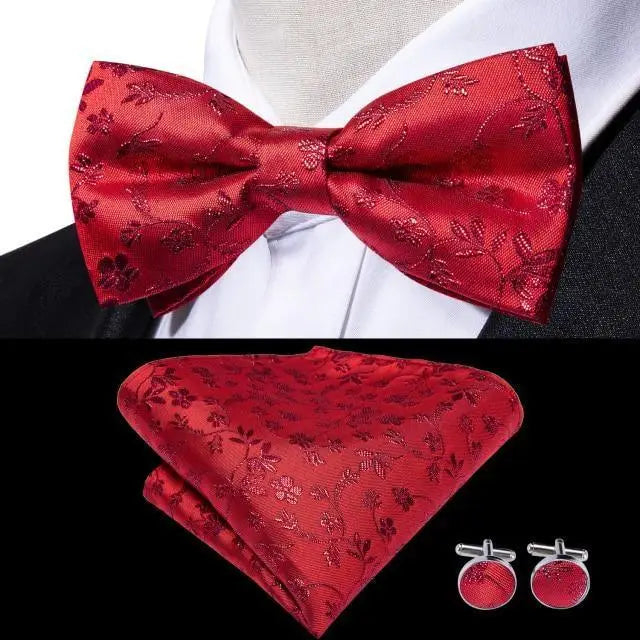 Business Red Color Butterfly Bow Tie Pocket Square Cufflinks Suit Set For Men Adjustable Self Bowtie Formal Bowtie Set